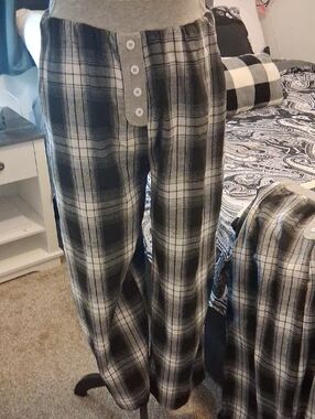 Light Weight Plaid Day/Night Cotton Pants, Black & White, Grey Flannel.